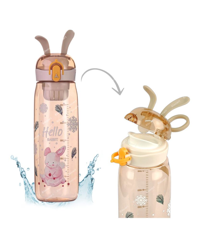 Elecart Bunny Rabbit Sipper Water Bottle 600ml with Lock & Fruit Filter for Kids Student - Beige